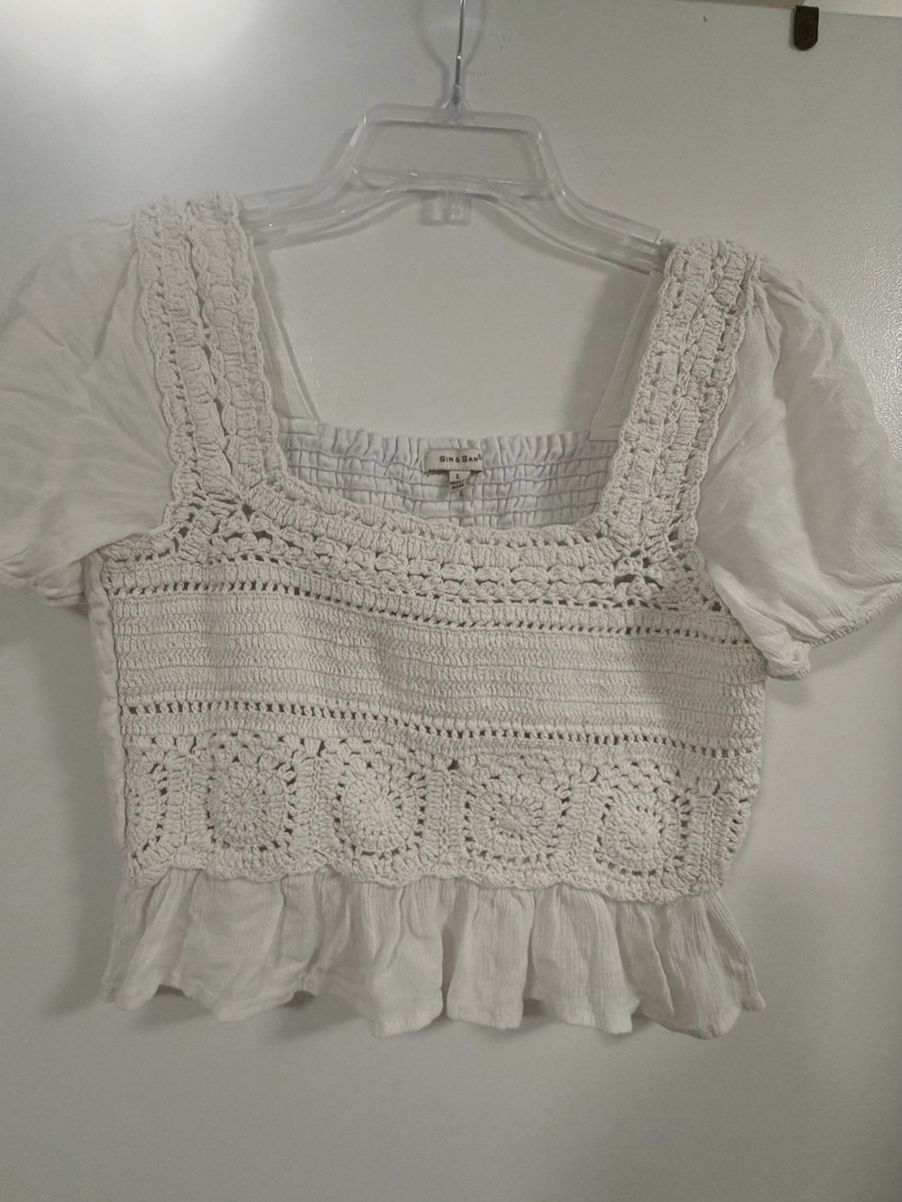 Crochet Square-Neck White Crop Top with Ruffle Hem